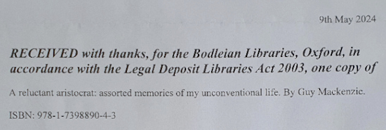 Letter acknowledging receipt of the 'A Reluctant Aristocrat' book from the Bodleian Library in Oxford.